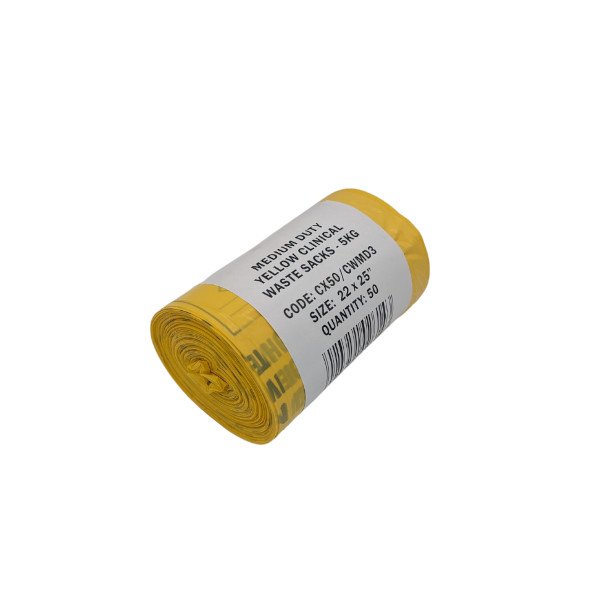 Clinical Waste Sack Yellow UN 5kg 11x22x25in 285x560x635mm Roll 50