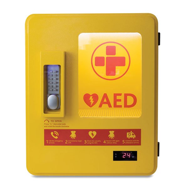 Defibrillator (AED) Universal Outdoor Heated and Alarmed Metal Storage Cabinet with Glass Door